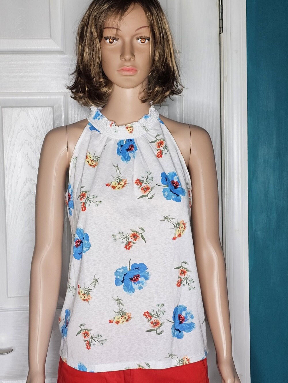 White Floral Halter Top with Blue Flowers
